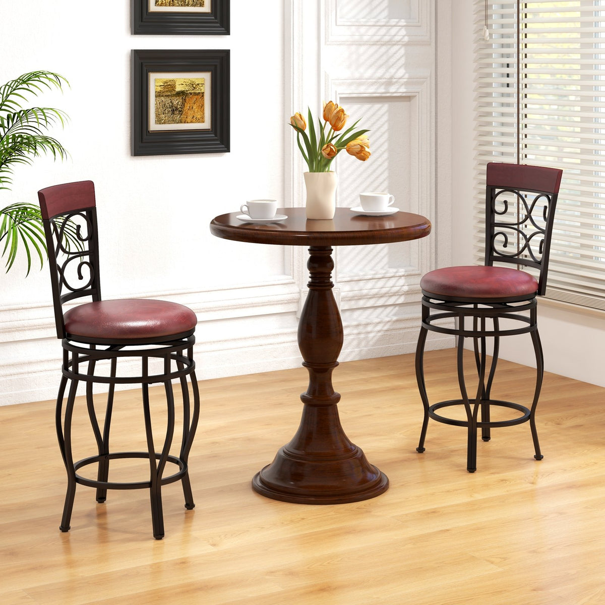 Set of 2 26 Inch Bar Stool with Backrest and Footrest-Brown view 3