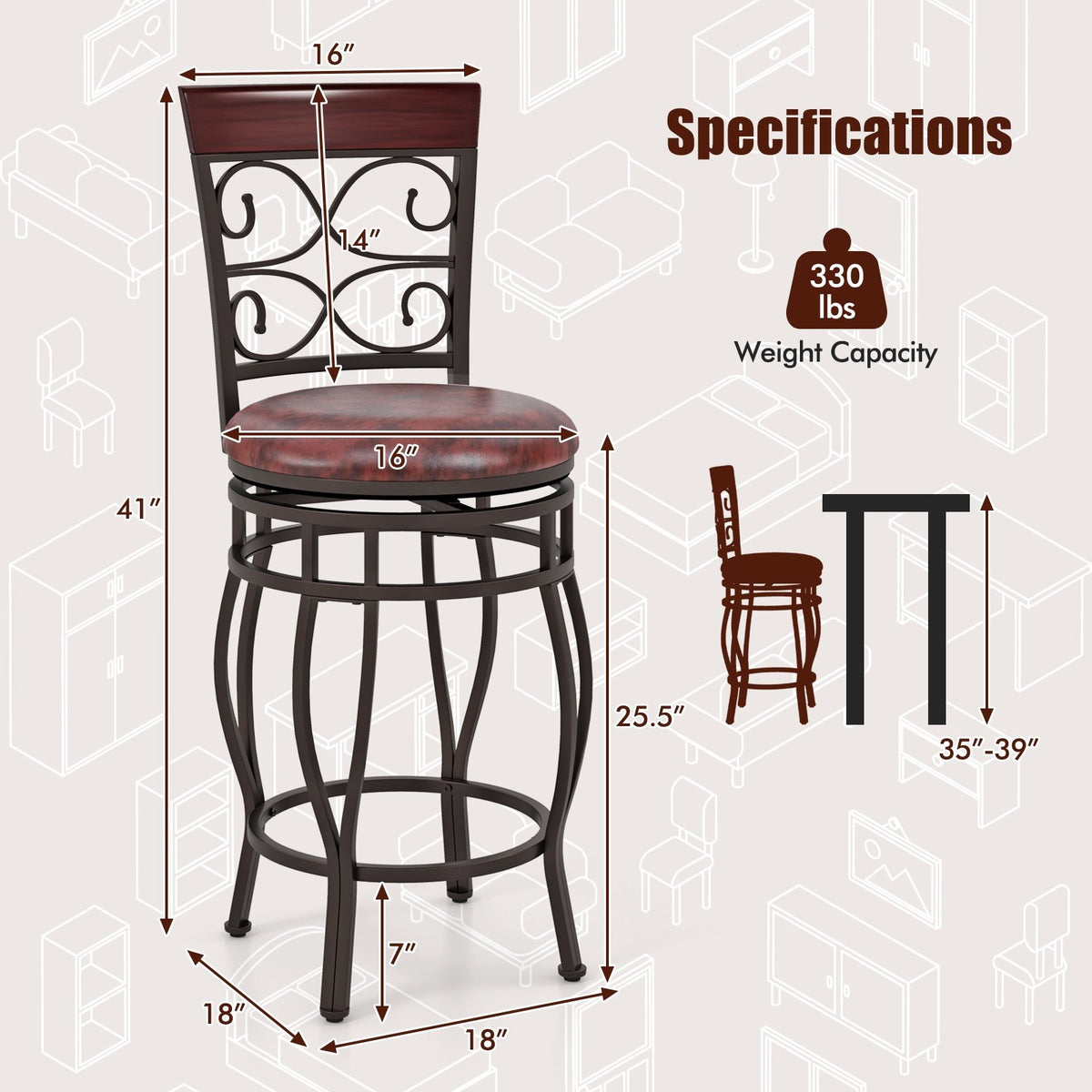 Set of 2 26 Inch Bar Stool with Backrest and Footrest-Brown view 4