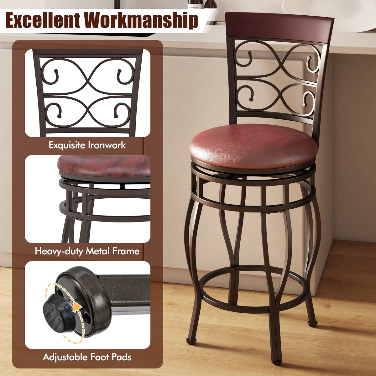 Set of 2 26 Inch Bar Stool with Backrest and Footrest-Brown view 6