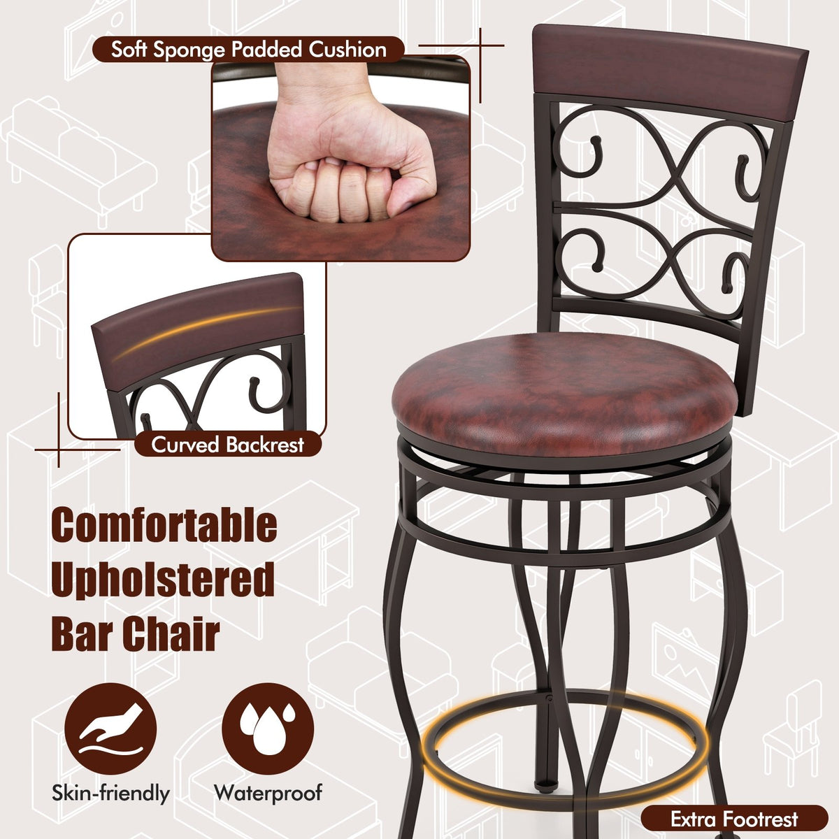 Set of 2 26 Inch Bar Stool with Backrest and Footrest-Brown view 7