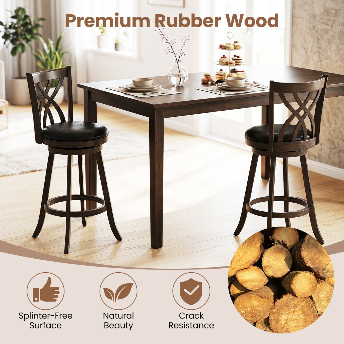 Set of 2 29 inches Counter Height Bar Stools with Rubber Wood Frame and Hollowed Backrest-Gray view 4