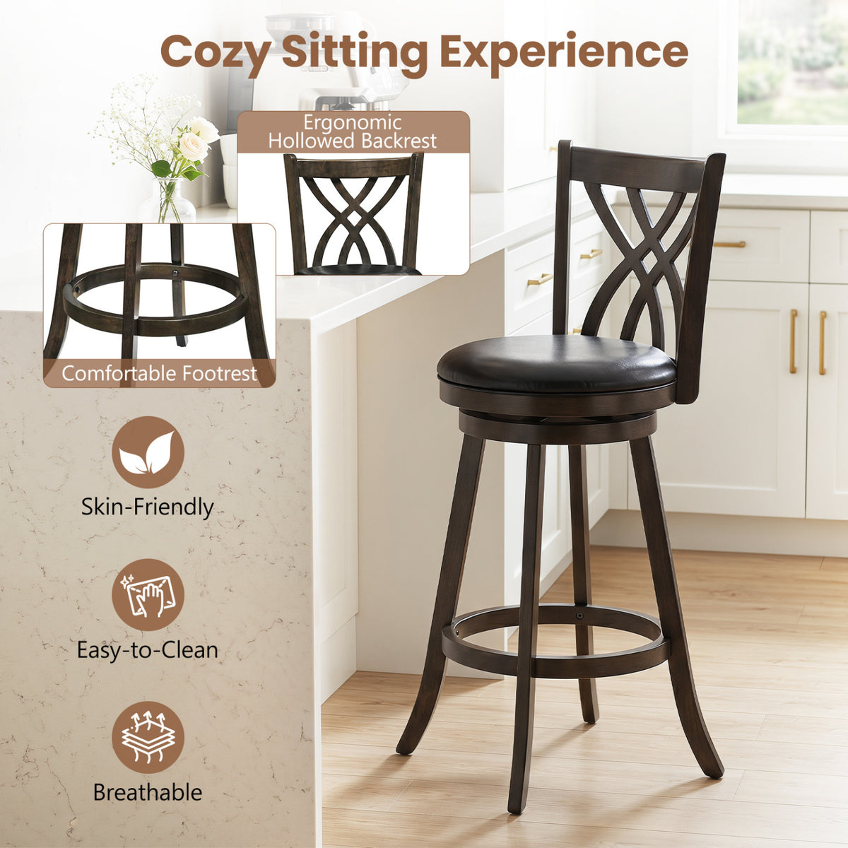 Set of 2 29 inches Counter Height Bar Stools with Rubber Wood Frame and Hollowed Backrest-Gray view 6
