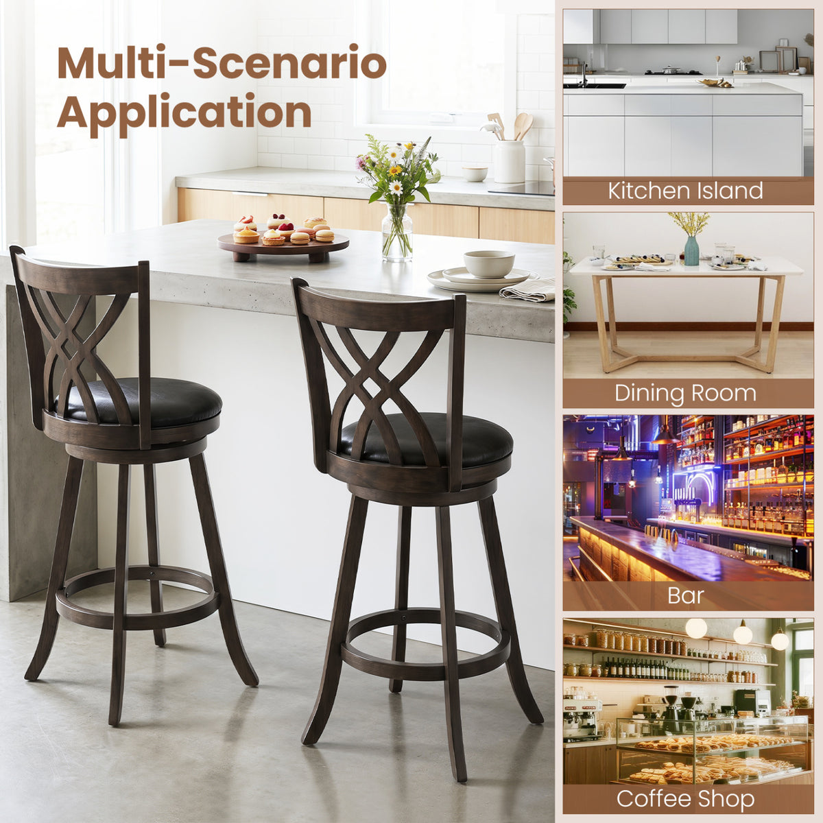 Set of 2 29 inches Counter Height Bar Stools with Rubber Wood Frame and Hollowed Backrest-Gray view 9