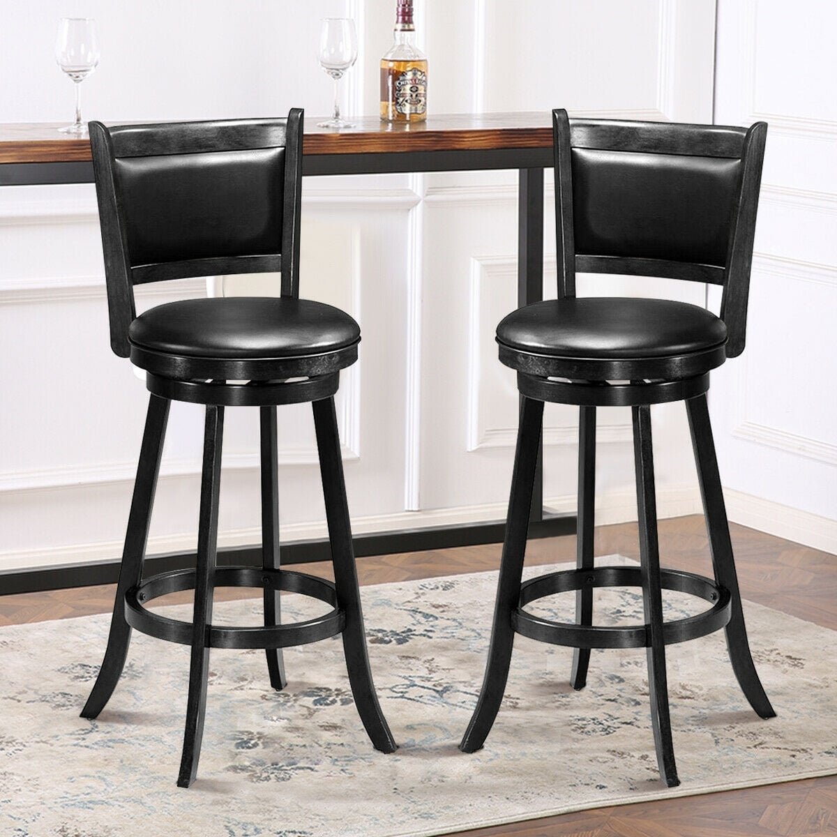Set of 2 29 Inch Swivel Bar Height Stool Wood Dining Chair Barstool-Black view 2
