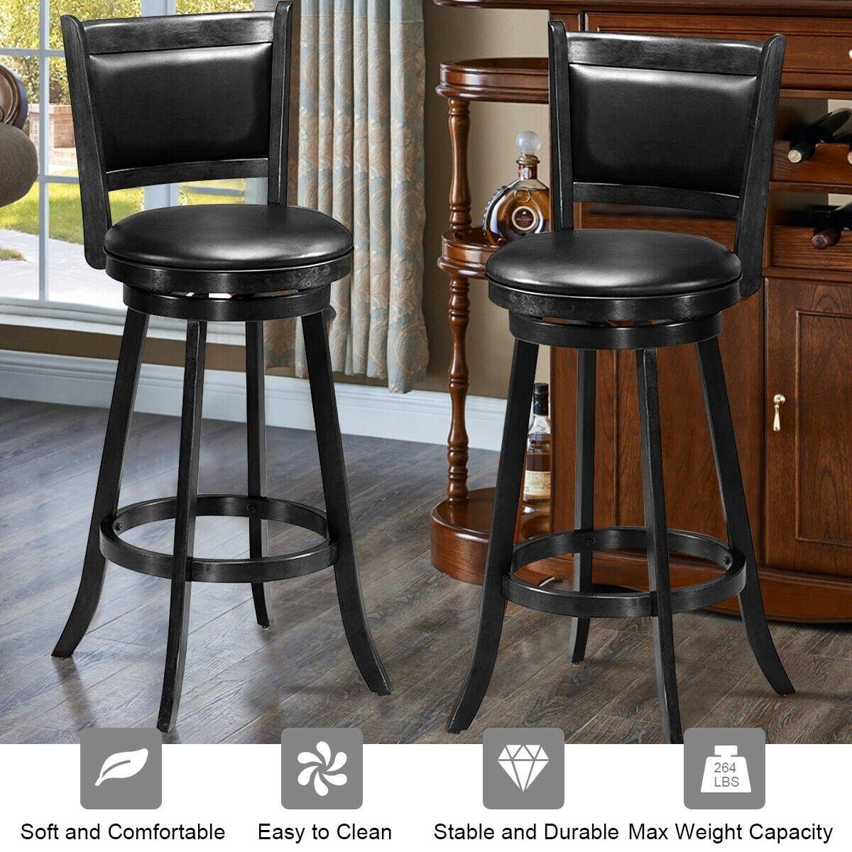 Set of 2 29 Inch Swivel Bar Height Stool Wood Dining Chair Barstool-Black view 3