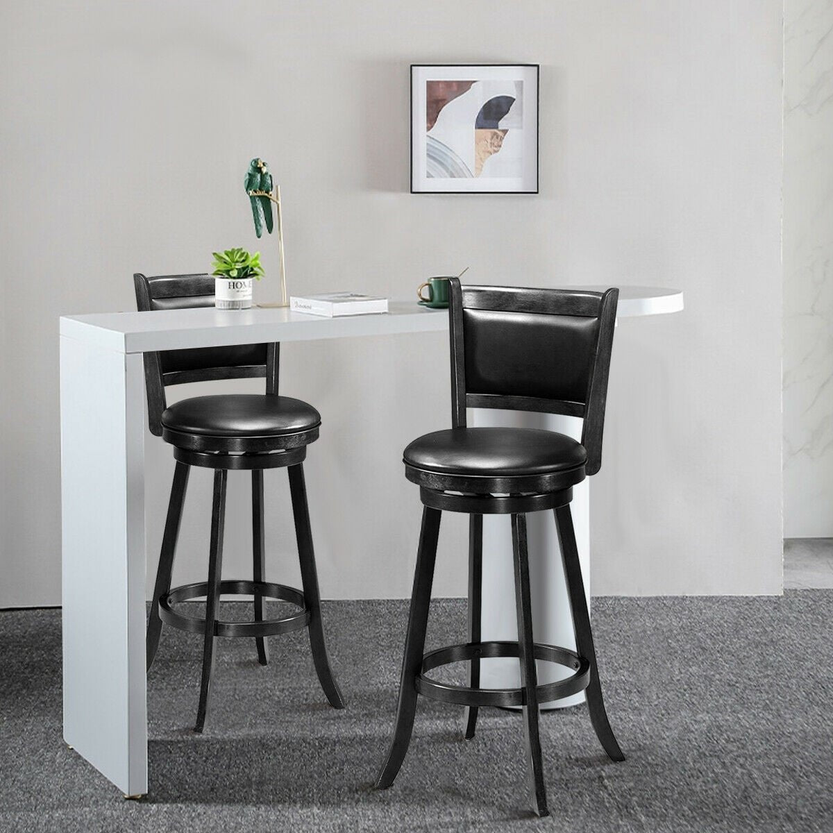 Set of 2 29 Inch Swivel Bar Height Stool Wood Dining Chair Barstool-Black view 7