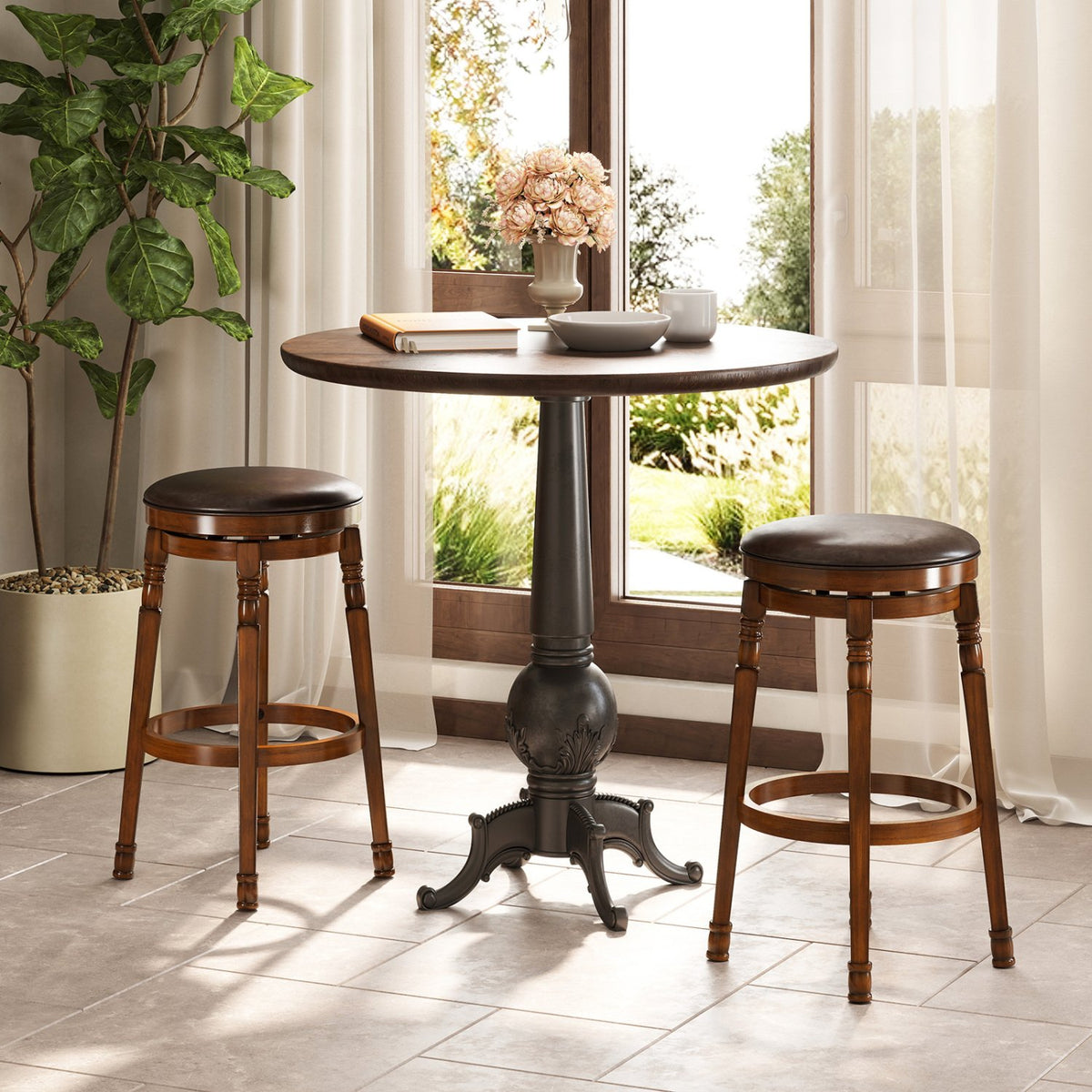 Set of 2 29-Inch Swivel Leather Padded Dining Bar Stools view 2