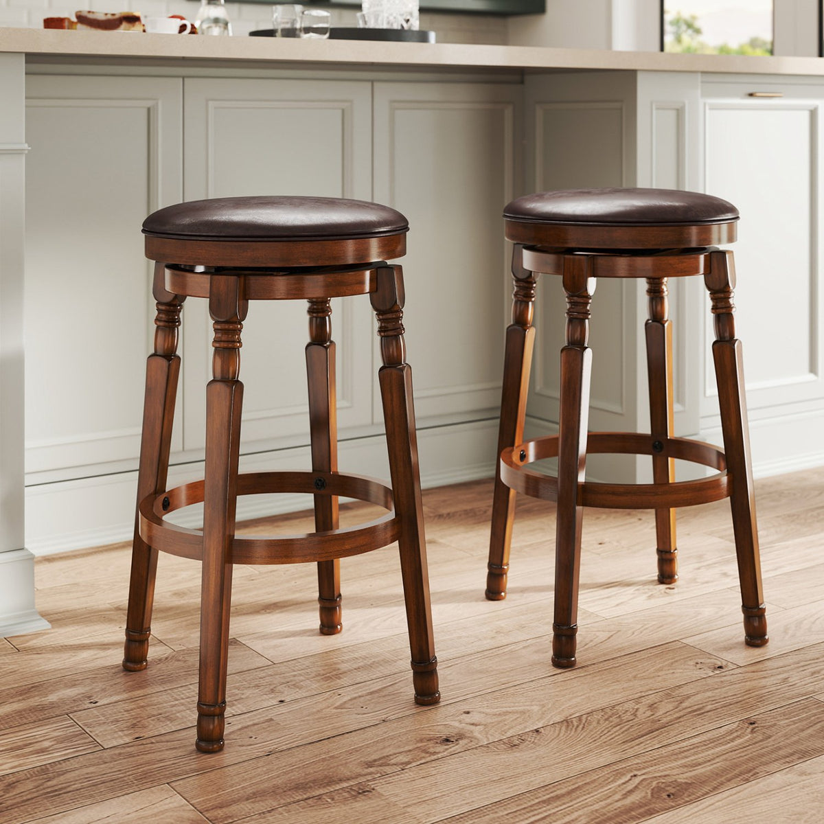 Set of 2 29-Inch Swivel Leather Padded Dining Bar Stools view 3