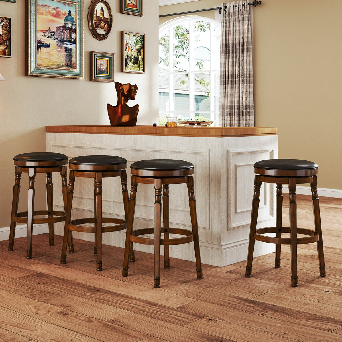 Set of 2 29-Inch Swivel Leather Padded Dining Bar Stools view 5