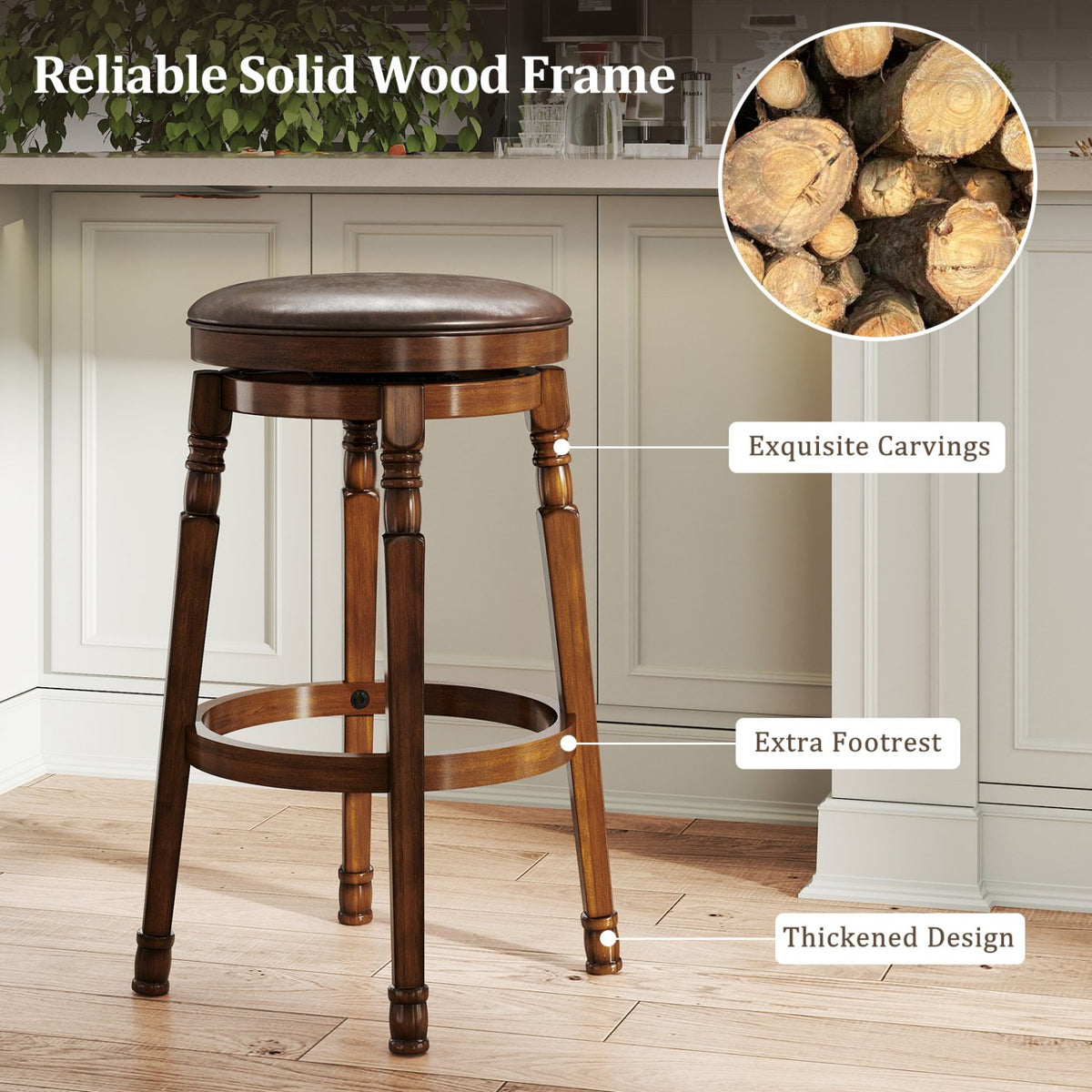 Set of 2 29-Inch Swivel Leather Padded Dining Bar Stools view 6