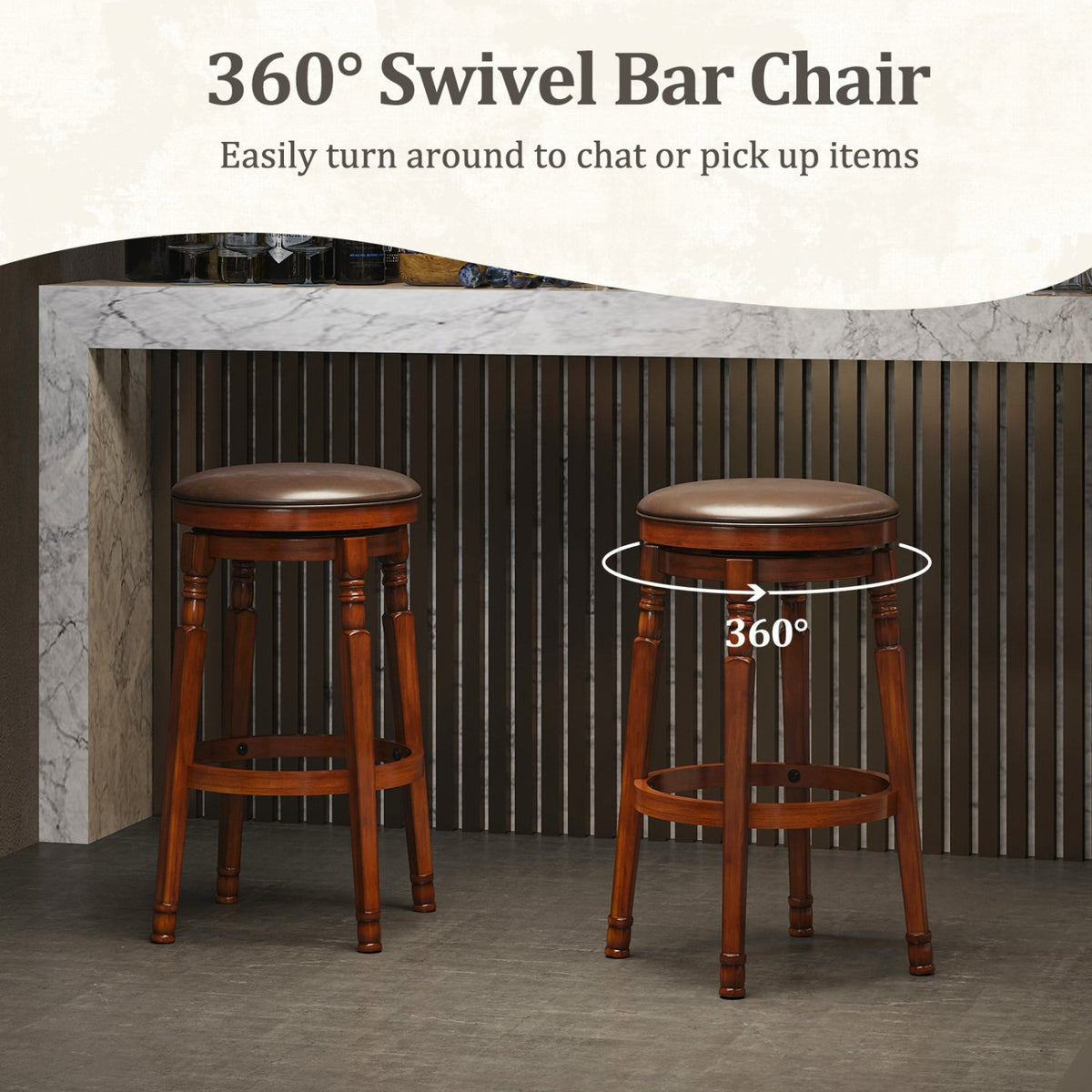Set of 2 29-Inch Swivel Leather Padded Dining Bar Stools view 7