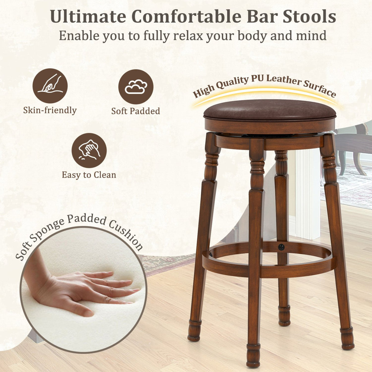 Set of 2 29-Inch Swivel Leather Padded Dining Bar Stools view 8