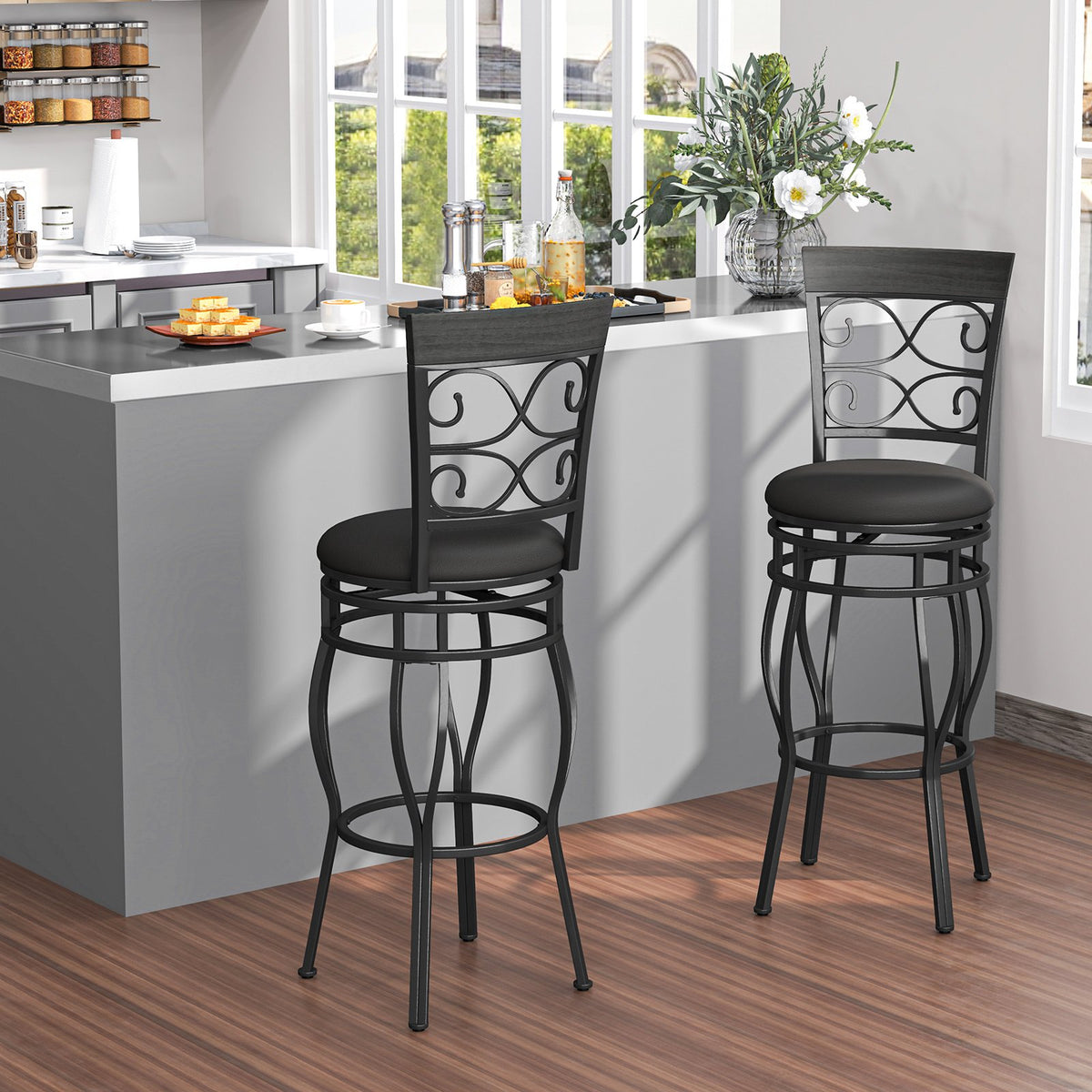 Set of 2 30 Inch Bar Stool with Backrest and Footrest-Black view 3