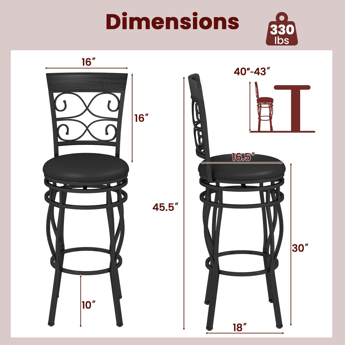 Set of 2 30 Inch Bar Stool with Backrest and Footrest-Black view 4