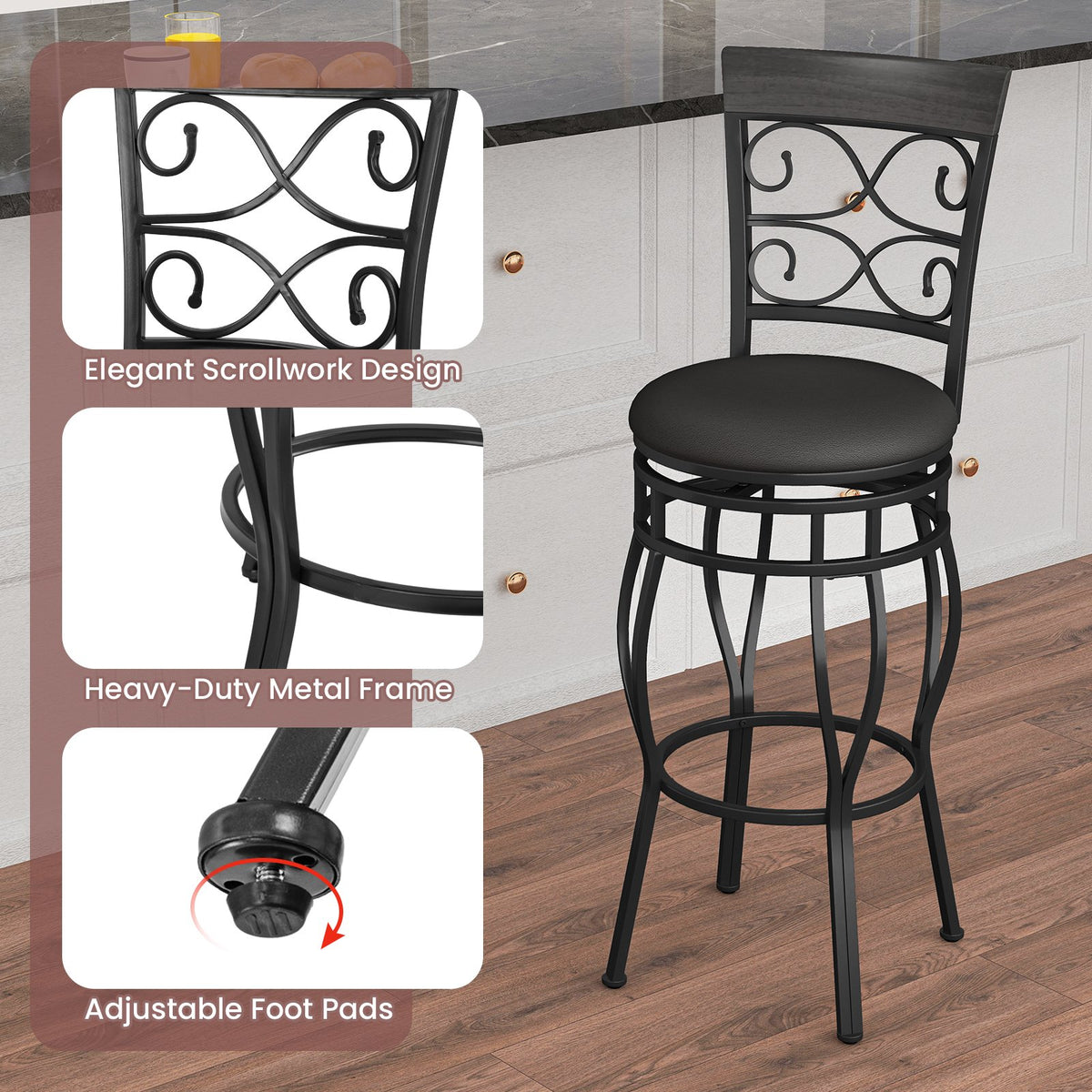 Set of 2 30 Inch Bar Stool with Backrest and Footrest-Black view 5