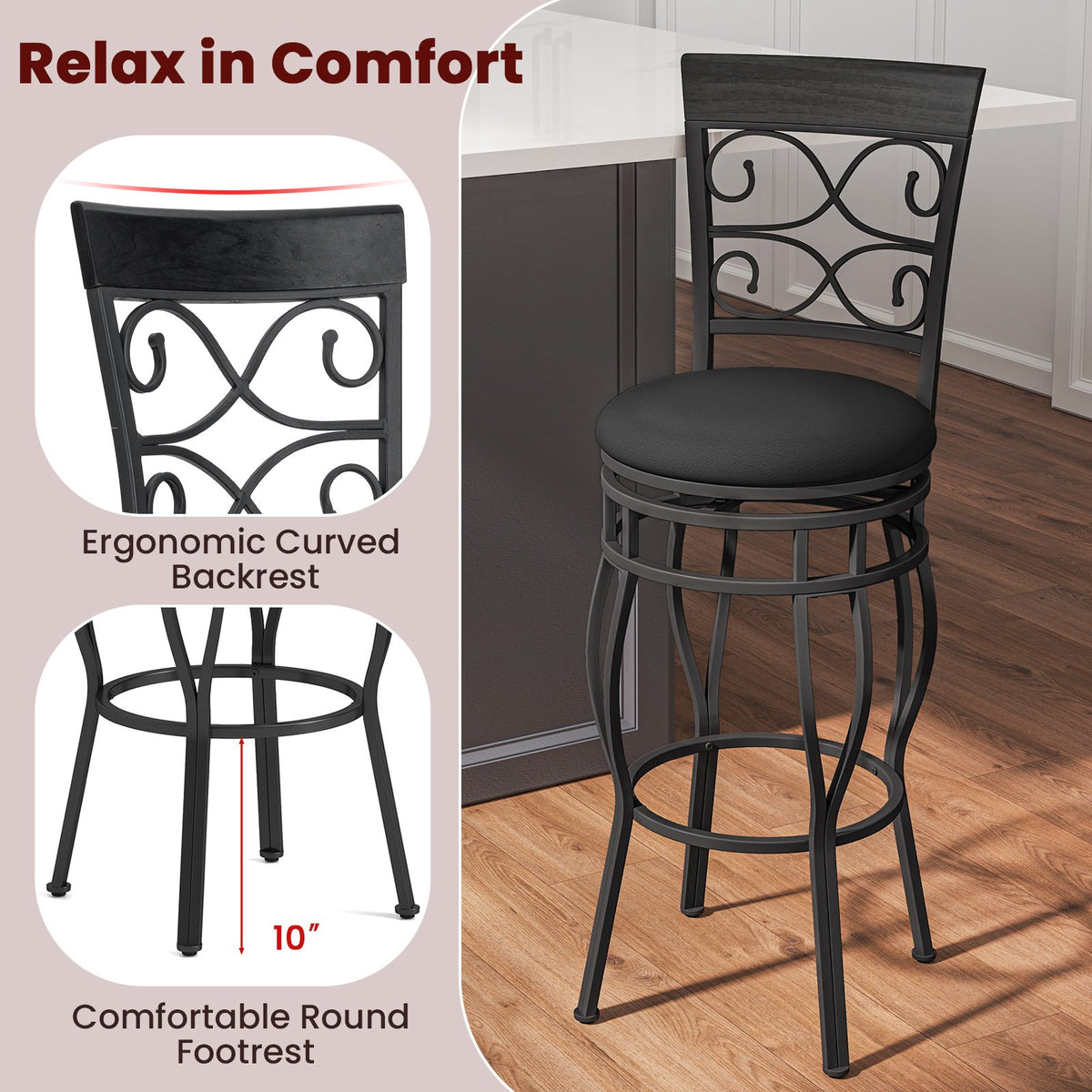 Set of 2 30 Inch Bar Stool with Backrest and Footrest-Black view 7