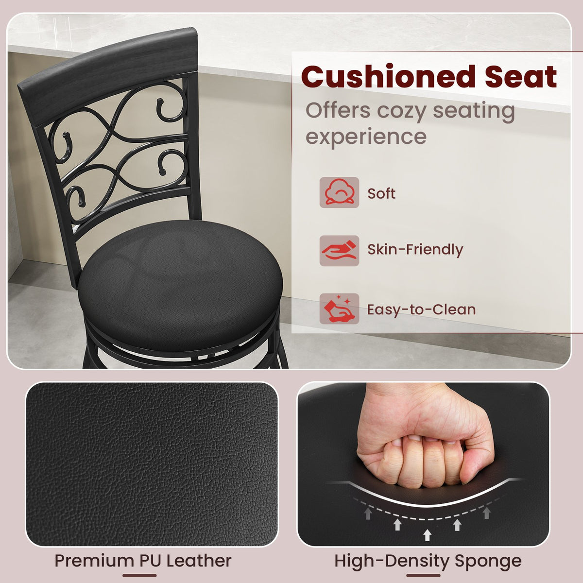 Set of 2 30 Inch Bar Stool with Backrest and Footrest-Black view 8