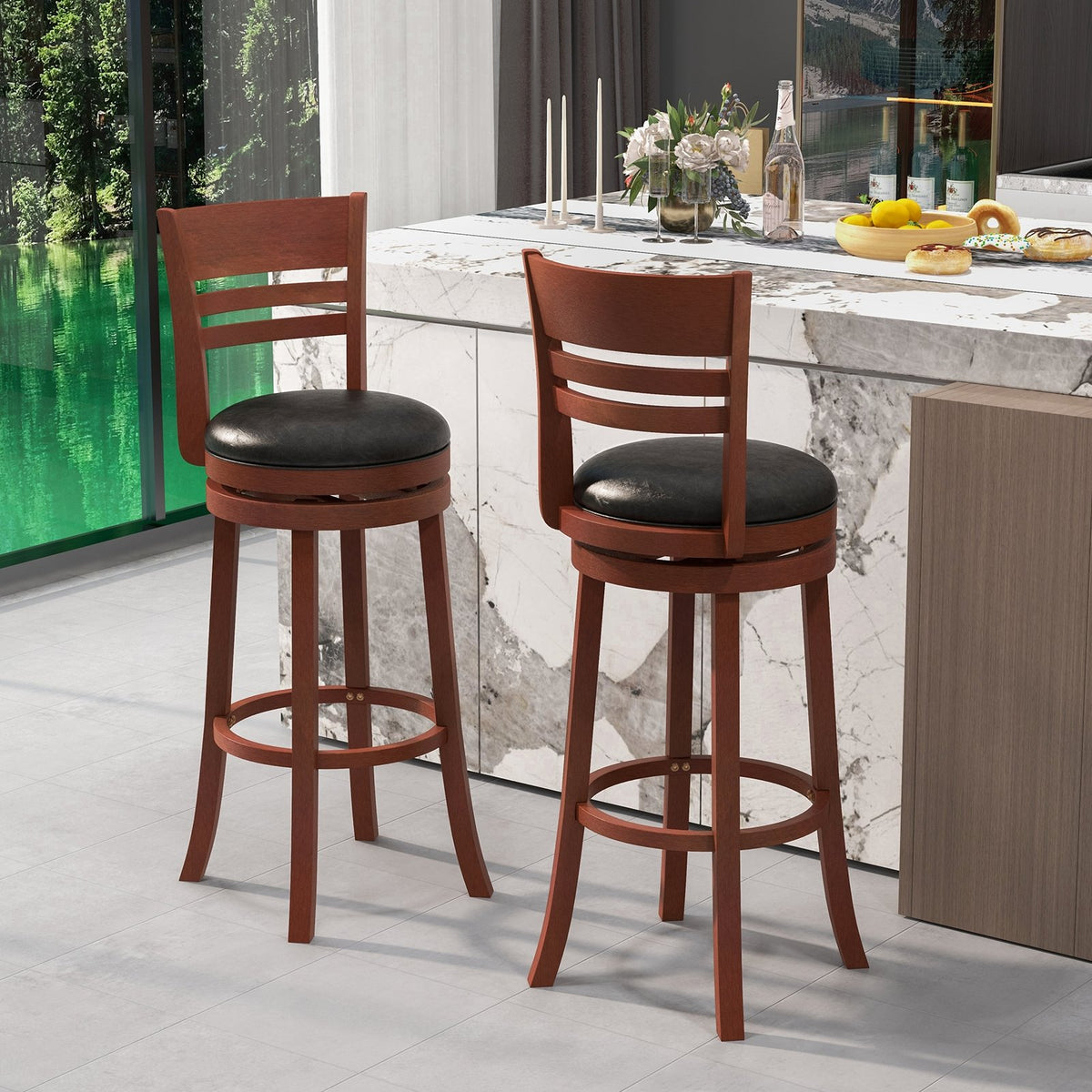 Set of 2 360° Bar Stools with PU Upholstered Seats-Brown view 2