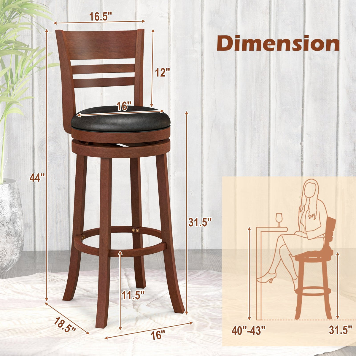 Set of 2 360° Bar Stools with PU Upholstered Seats-Brown view 4