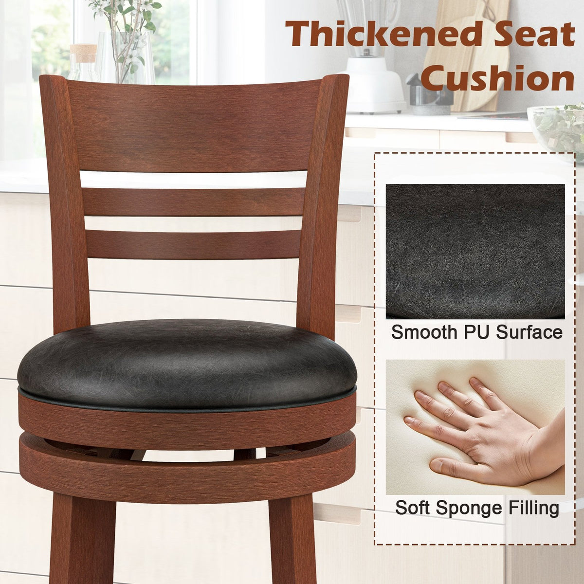 Set of 2 360° Bar Stools with PU Upholstered Seats-Brown view 6