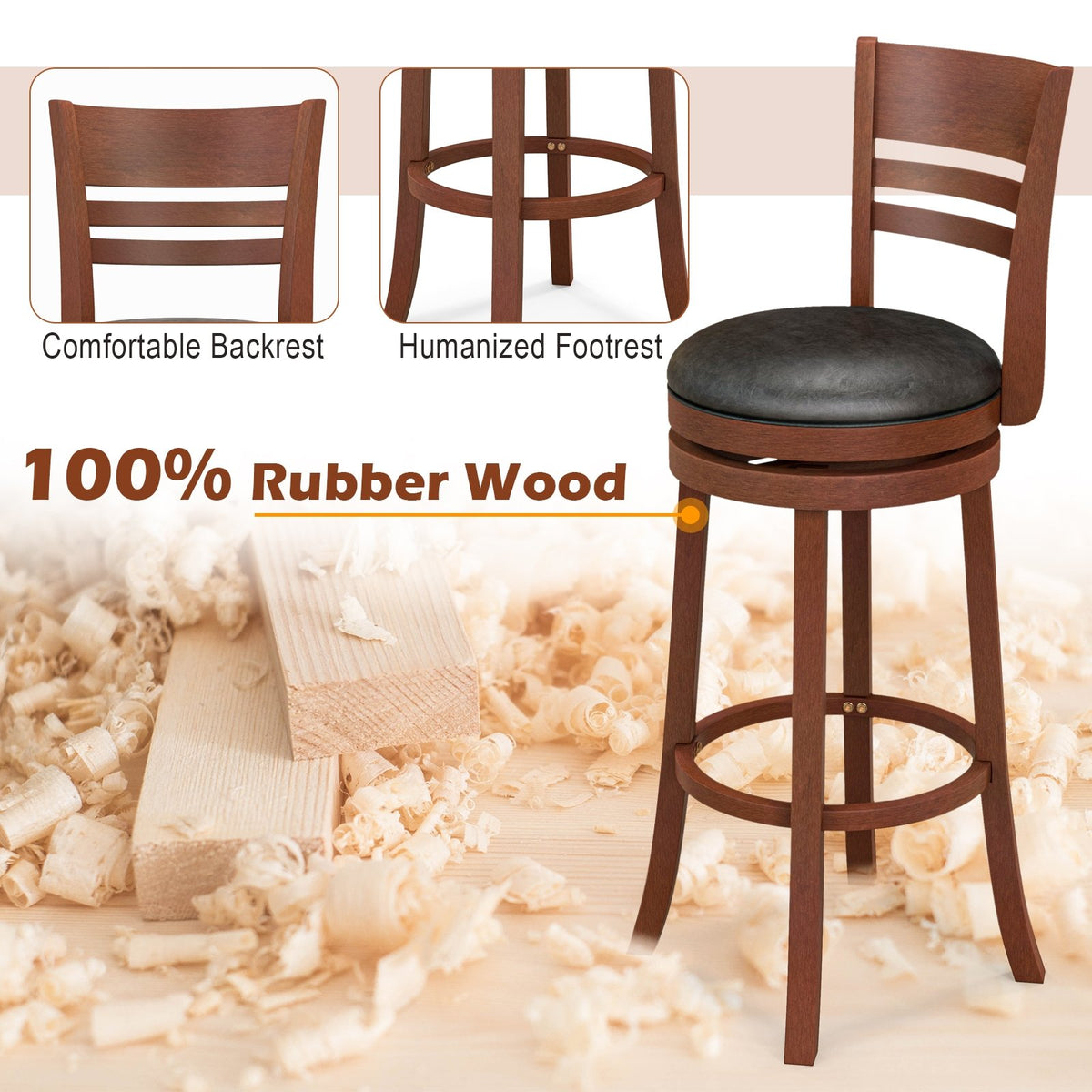 Set of 2 360° Bar Stools with PU Upholstered Seats-Brown view 7