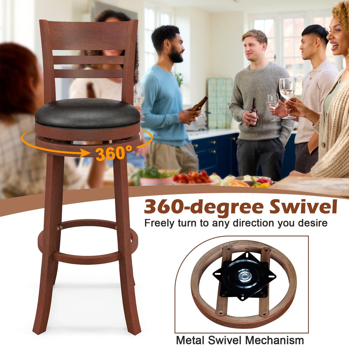 Set of 2 360° Bar Stools with PU Upholstered Seats-Brown view 8