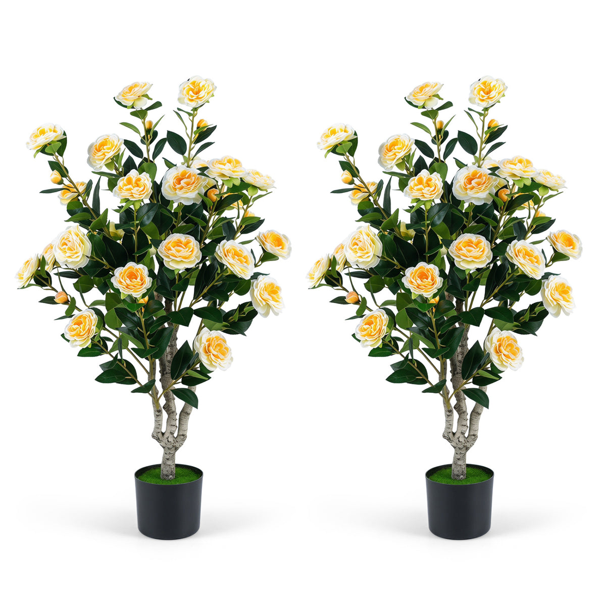 Set of 2 39.5 inches Artificial Camellia Tree with Orange Blossoms in Cement Pot for Decoration-White