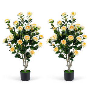 Set of 2 39.5 inches Artificial Camellia Tree with Orange Blossoms in Cement Pot for Decoration-White