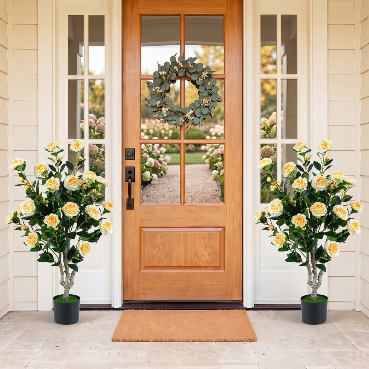 Set of 2 39.5 inches Artificial Camellia Tree with Orange Blossoms in Cement Pot for Decoration-White view 2