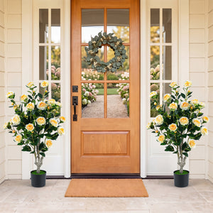 Set of 2 39.5 inches Artificial Camellia Tree with Orange Blossoms in Cement Pot for Decoration-White view 2