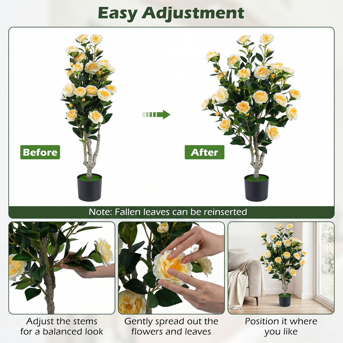 Set of 2 39.5 inches Artificial Camellia Tree with Orange Blossoms in Cement Pot for Decoration-White view 7