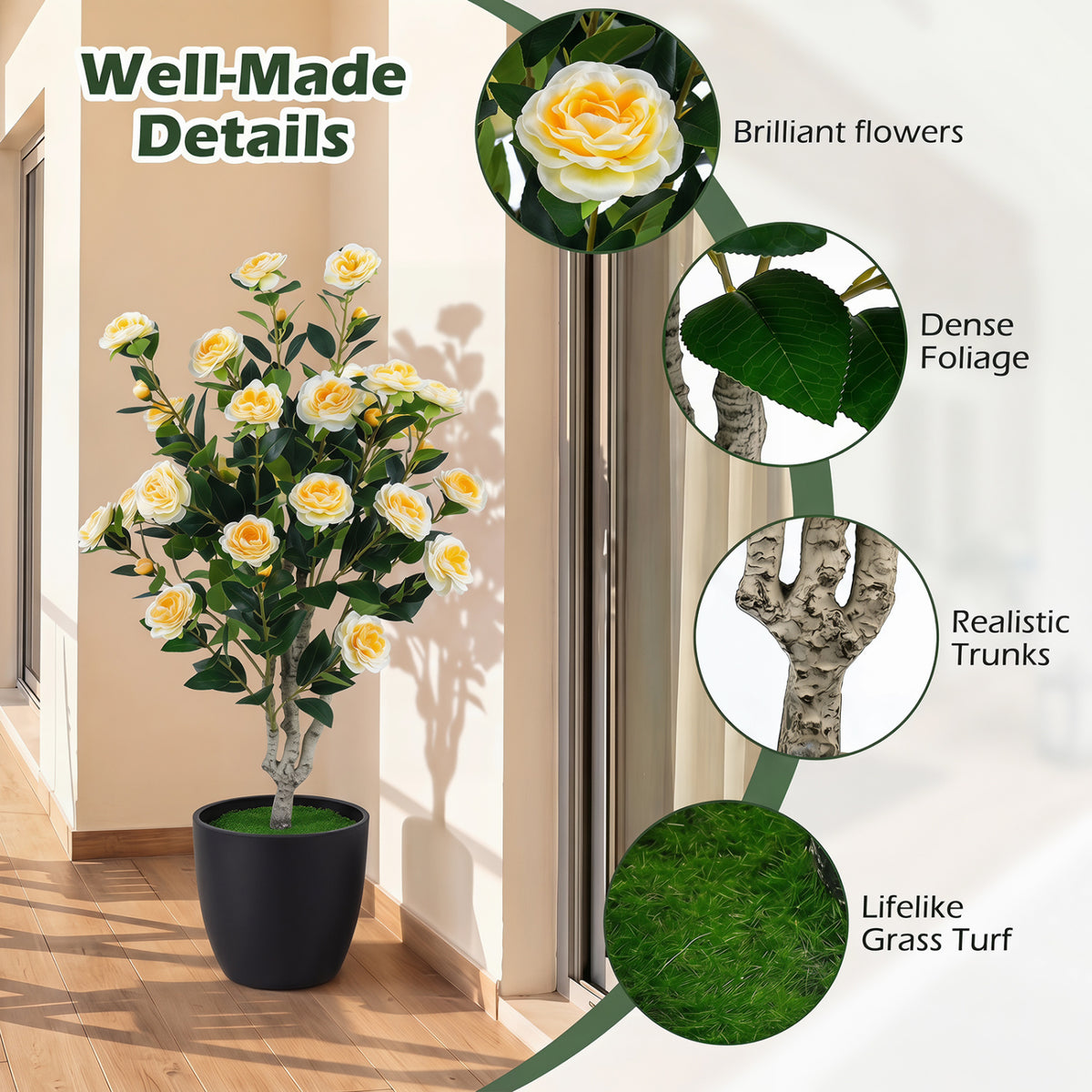 Set of 2 39.5 inches Artificial Camellia Tree with Orange Blossoms in Cement Pot for Decoration-White view 9