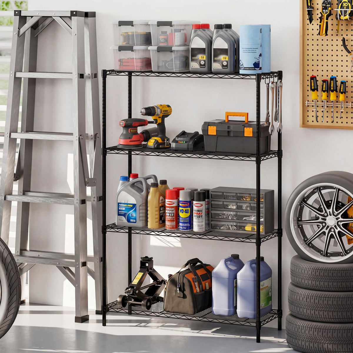 Set of 2 4-Tier Metal Storage Shelving Unit with V-Shaped Wire Rack and 1000 LBS Capacity-Black view 2