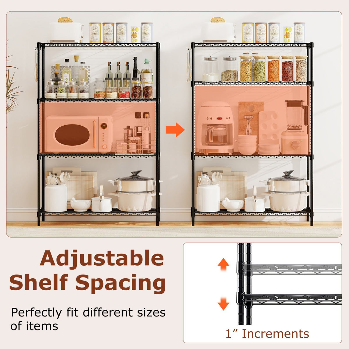 Set of 2 4-Tier Metal Storage Shelving Unit with V-Shaped Wire Rack and 1000 LBS Capacity-Black view 6
