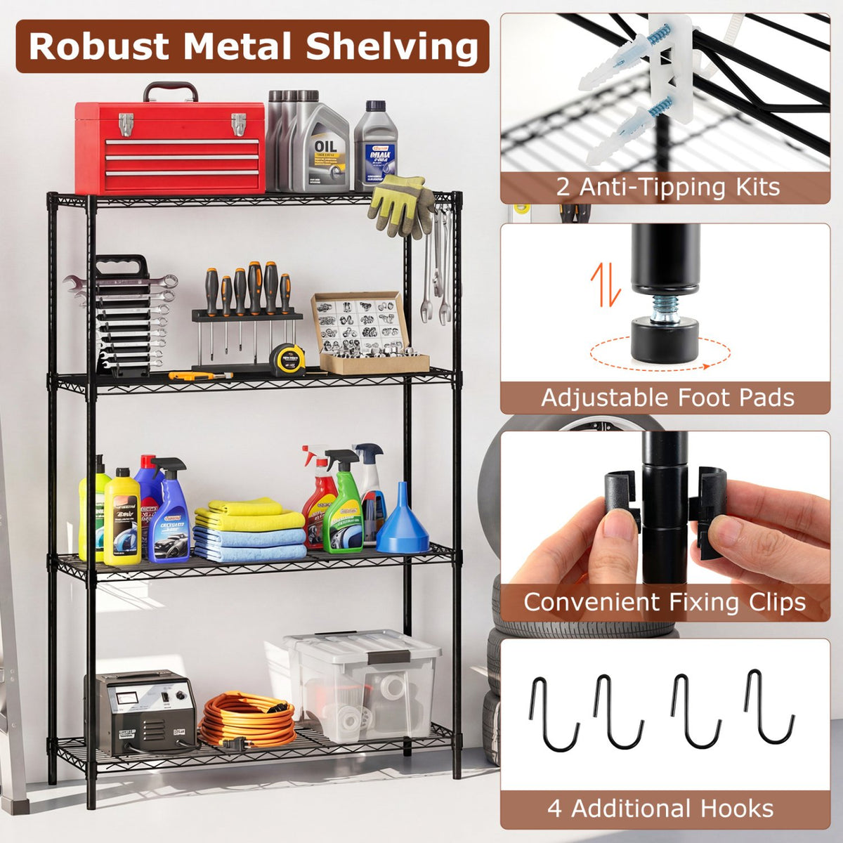 Set of 2 4-Tier Metal Storage Shelving Unit with V-Shaped Wire Rack and 1000 LBS Capacity-Black view 7