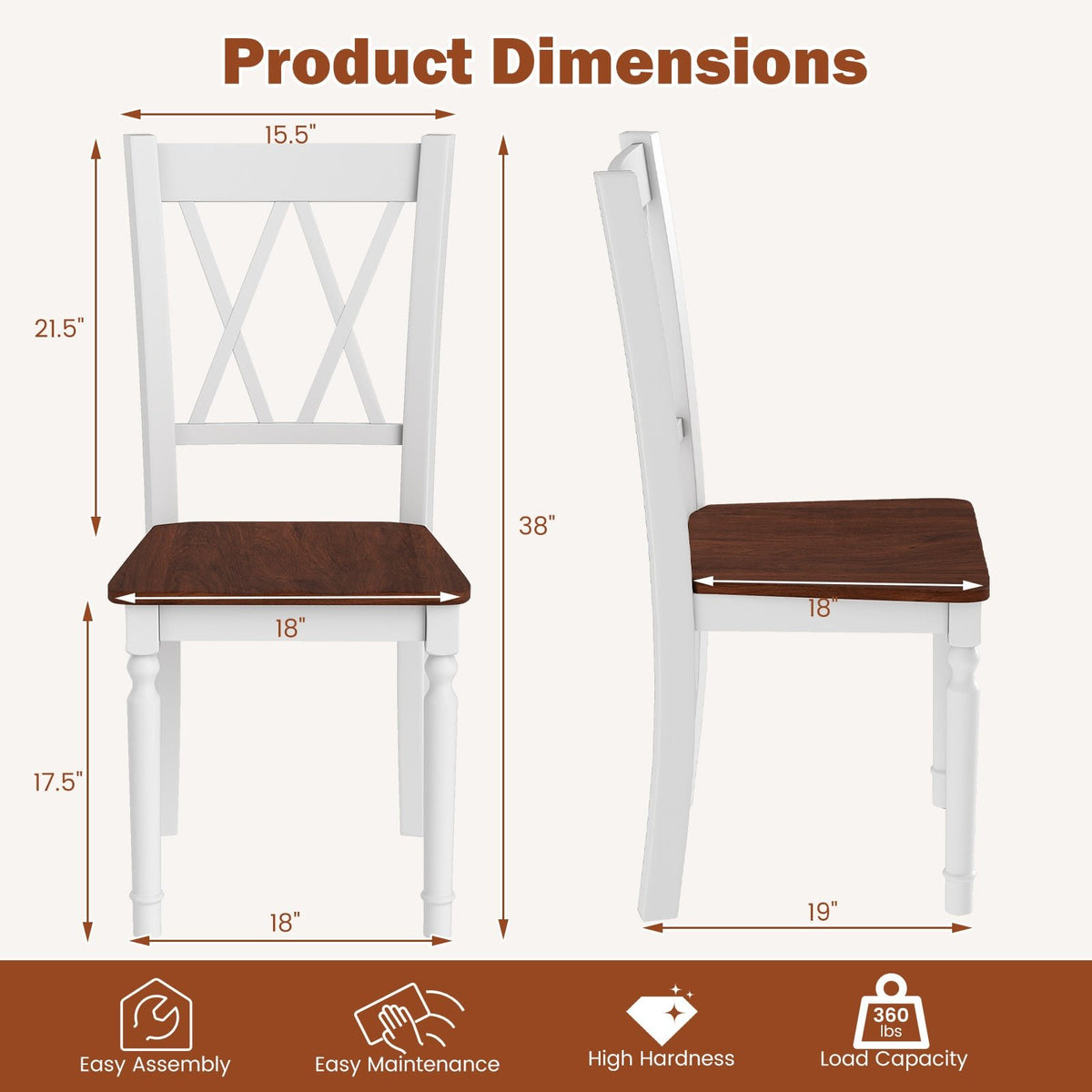 Set of 2 Wooden Farmhouse Kitchen Chairs with Rubber Wood Seat-2 Pieces view 3