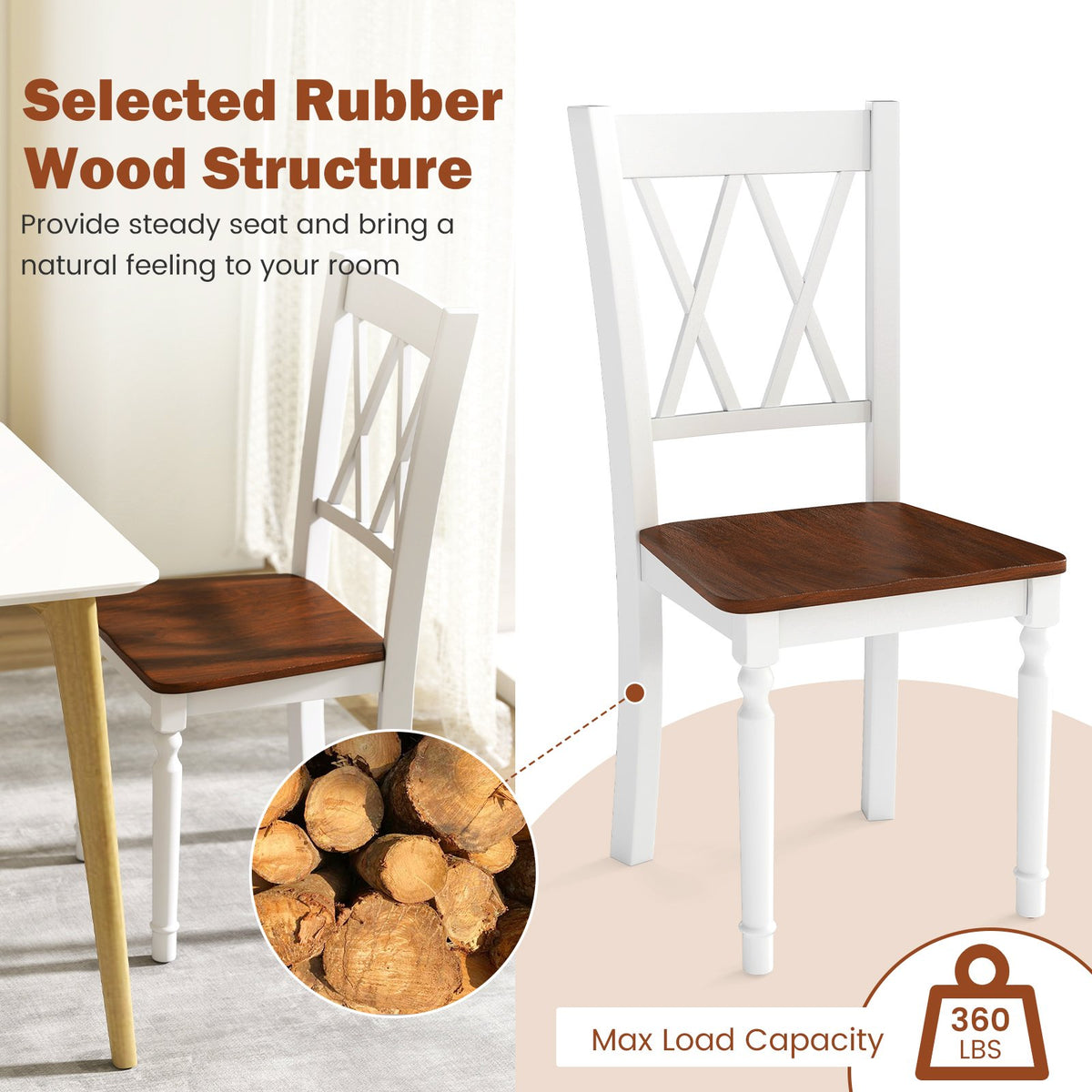 Set of 2 Wooden Farmhouse Kitchen Chairs with Rubber Wood Seat-2 Pieces view 4
