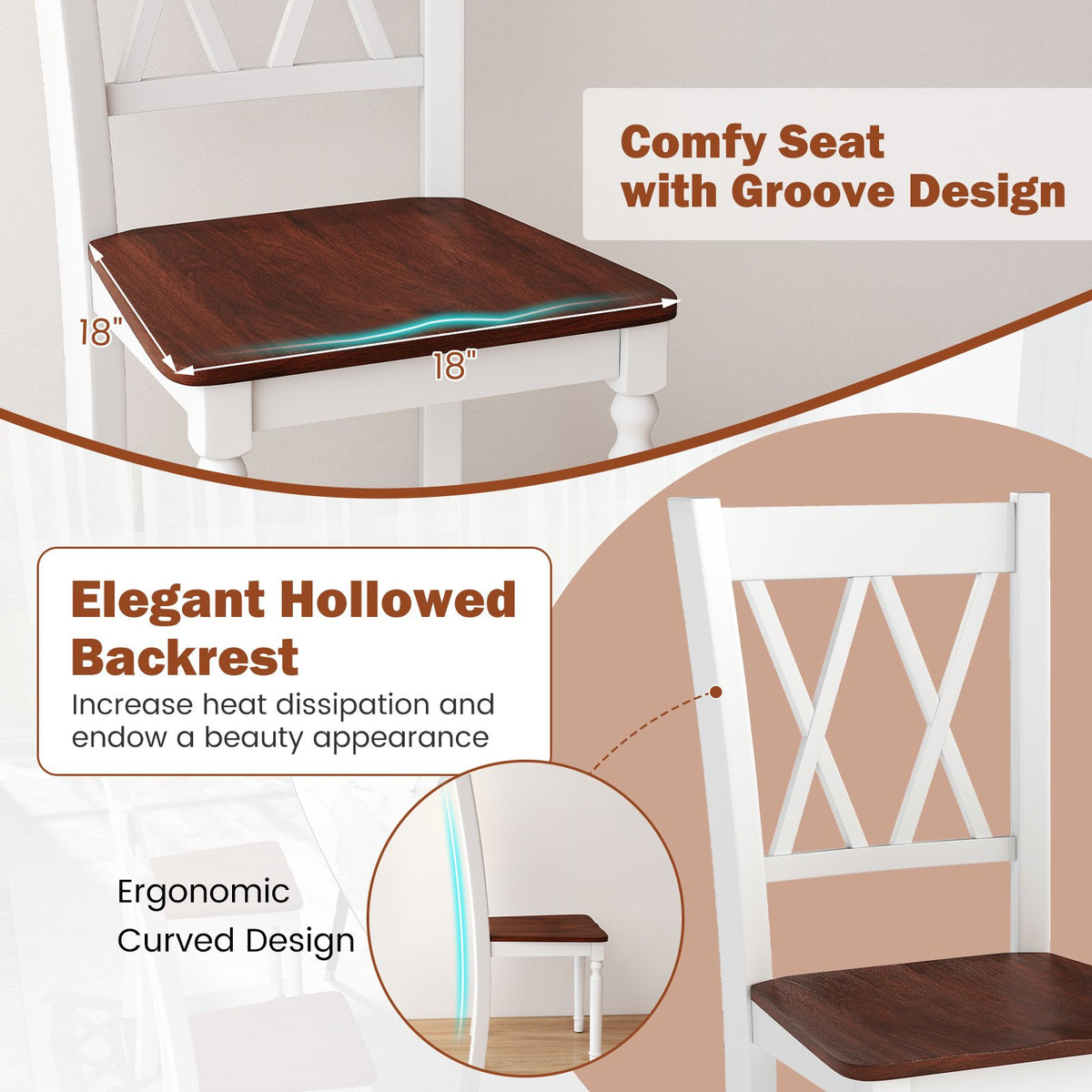Set of 2 Wooden Farmhouse Kitchen Chairs with Rubber Wood Seat-2 Pieces view 6