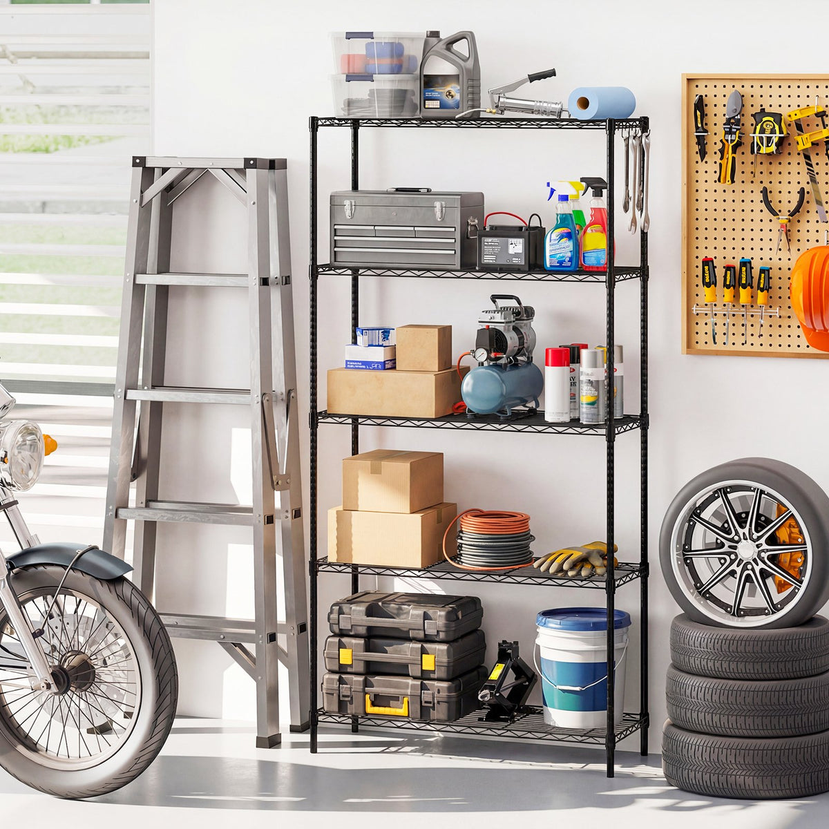 Set of 2 5-Tier Metal Storage Shelving Unit with V-Shaped Wire Rack and 1250 LBS Capacity-Black view 5