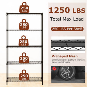 Set of 2 5-Tier Metal Storage Shelving Unit with V-Shaped Wire Rack and 1250 LBS Capacity-Black view 6