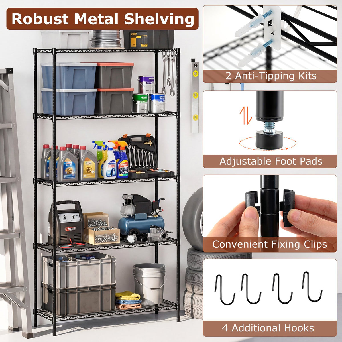 Set of 2 5-Tier Metal Storage Shelving Unit with V-Shaped Wire Rack and 1250 LBS Capacity-Black view 8