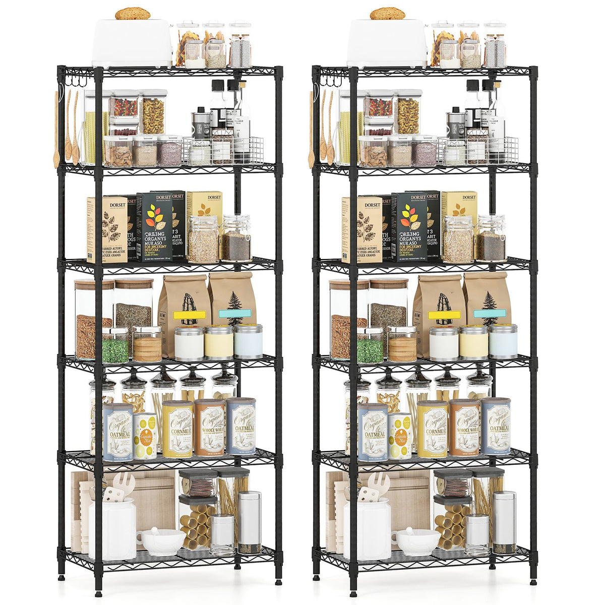 Set of 2 6-Tier Metal Storage Shelving Unit with V-Shaped Wire Rack and 900 LBS Capacity-Black