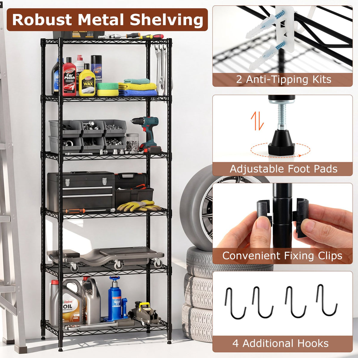Set of 2 6-Tier Metal Storage Shelving Unit with V-Shaped Wire Rack and 900 LBS Capacity-Black view 8
