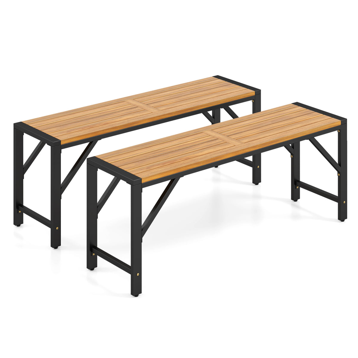 Set of 2 Acacia Wood Outdoor Bench 47.5 inches with Slatted Seat for Backyard