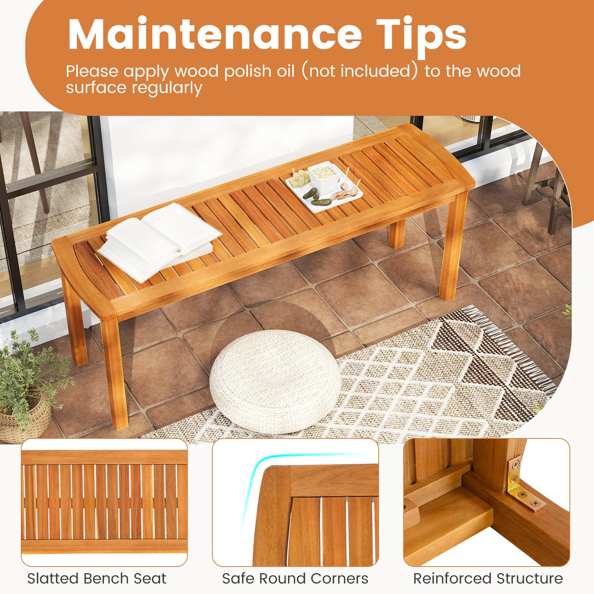 Set of 2 Acacia wood outdoor bench with slatted seat for garden view 7