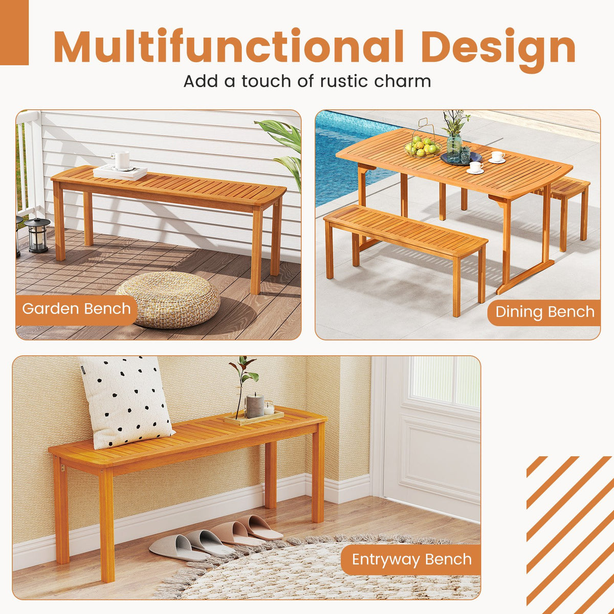 Set of 2 Acacia wood outdoor bench with slatted seat for garden view 8
