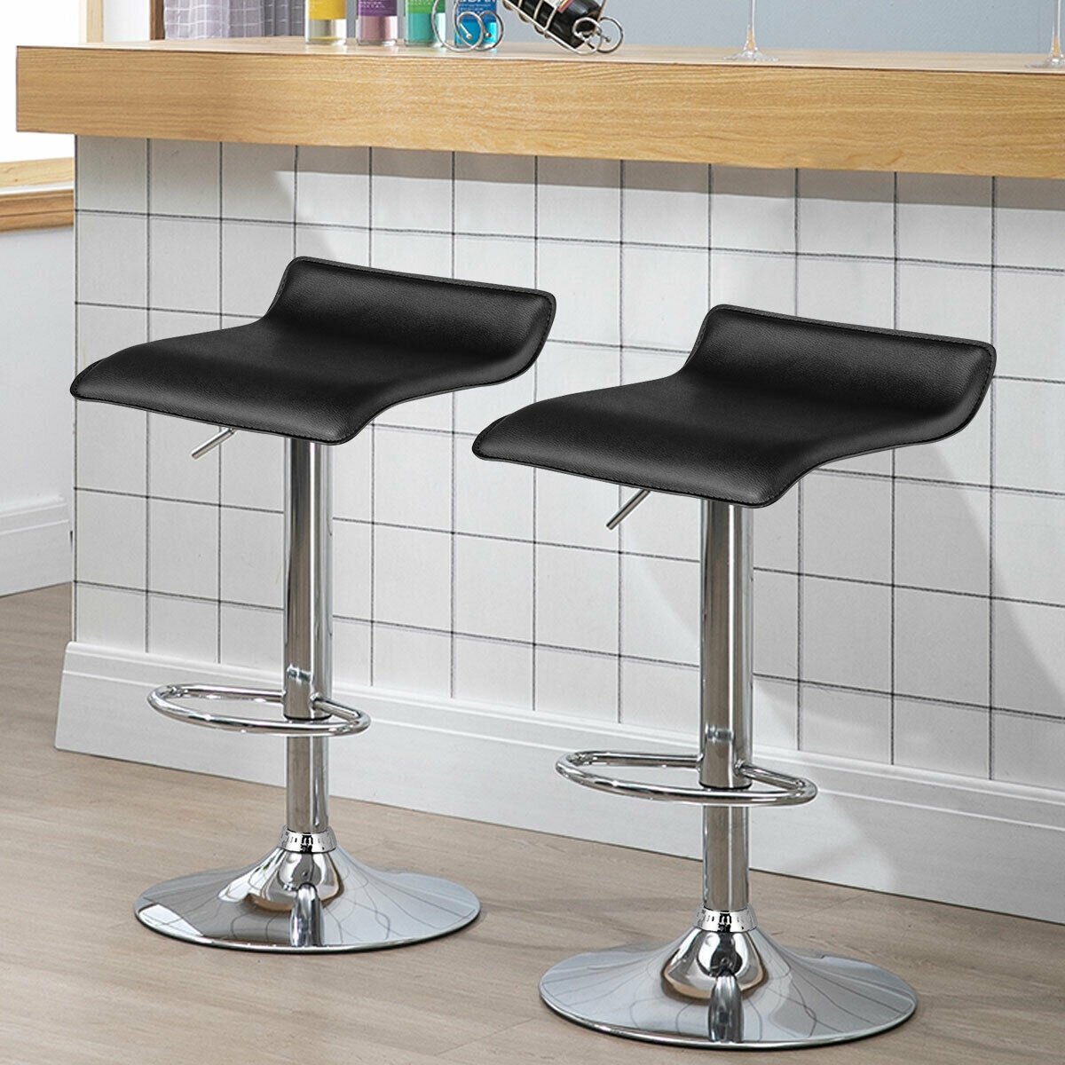 Set of 2 Adjustable PU Leather Backless Bar Stools-Black view 3