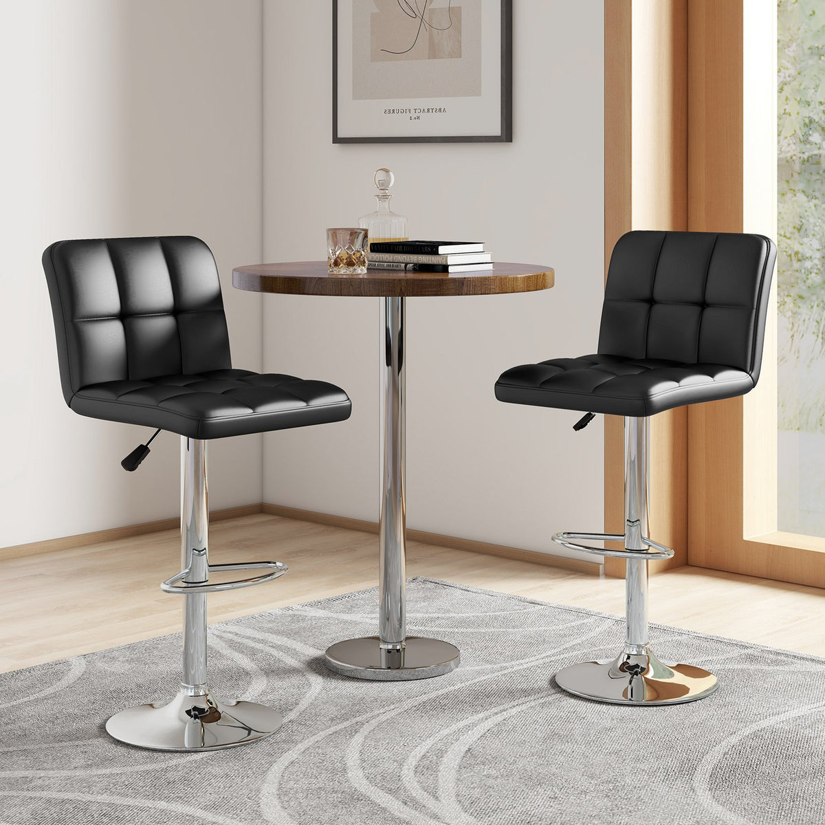 Set of 2 Square Swivel Adjustable PU Leather Bar Stools with Back and Footrest-Black view 2