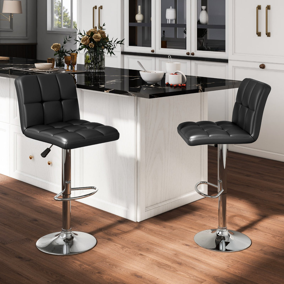 Set of 2 Square Swivel Adjustable PU Leather Bar Stools with Back and Footrest-Black view 3