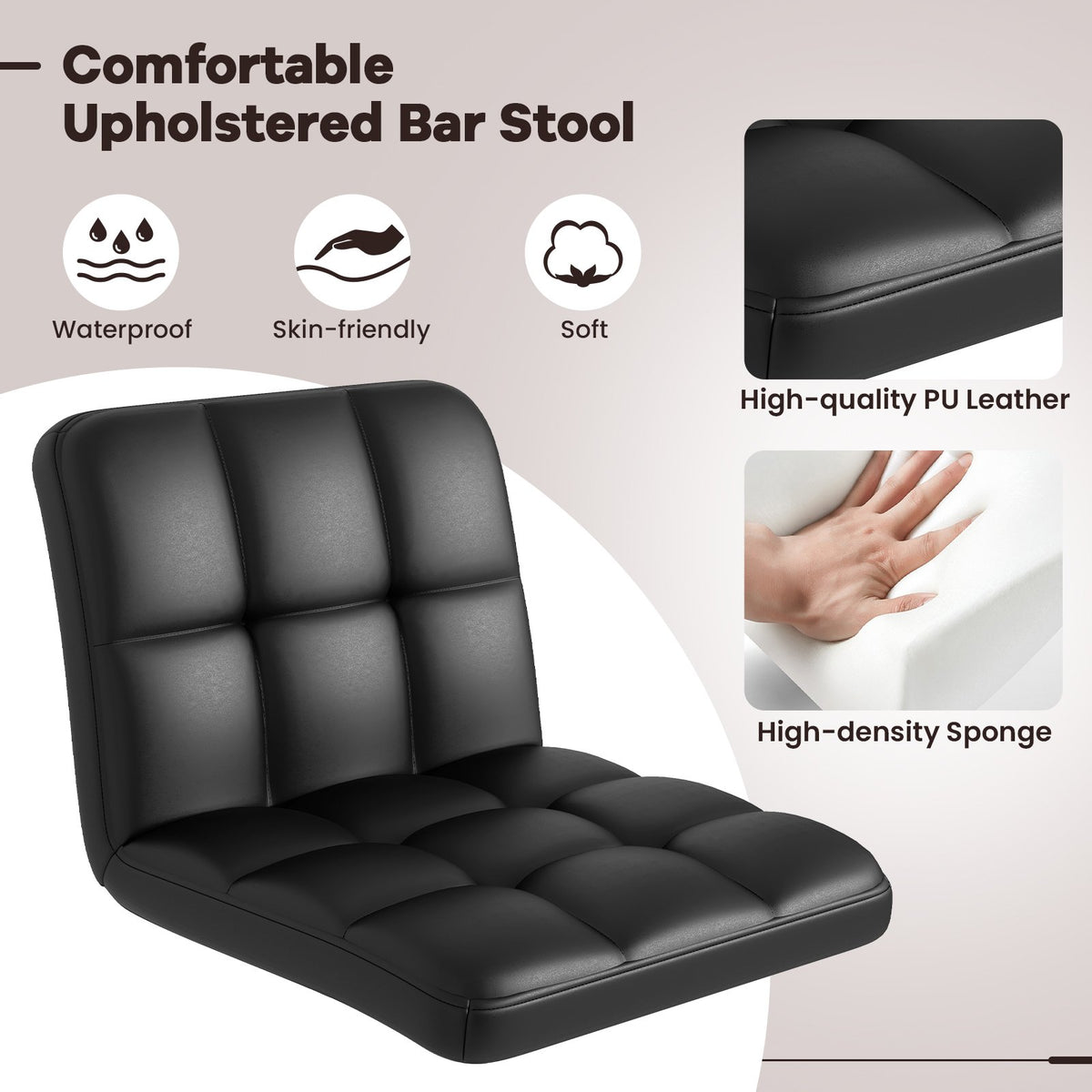 Set of 2 Square Swivel Adjustable PU Leather Bar Stools with Back and Footrest-Black view 5